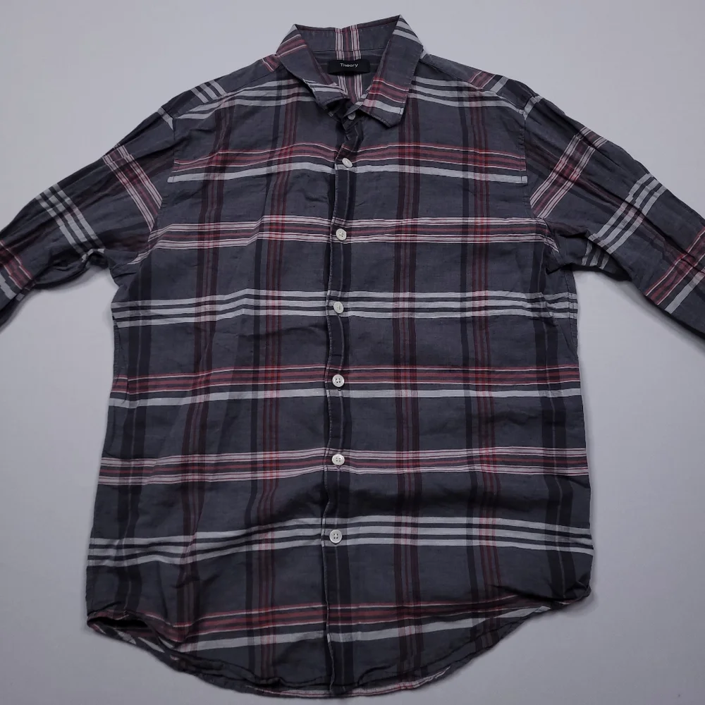 Theory Rammy Mantra Linen-Cotton Shirt Button Up Preppy Designer Plaid Small - Picture 3 of 9